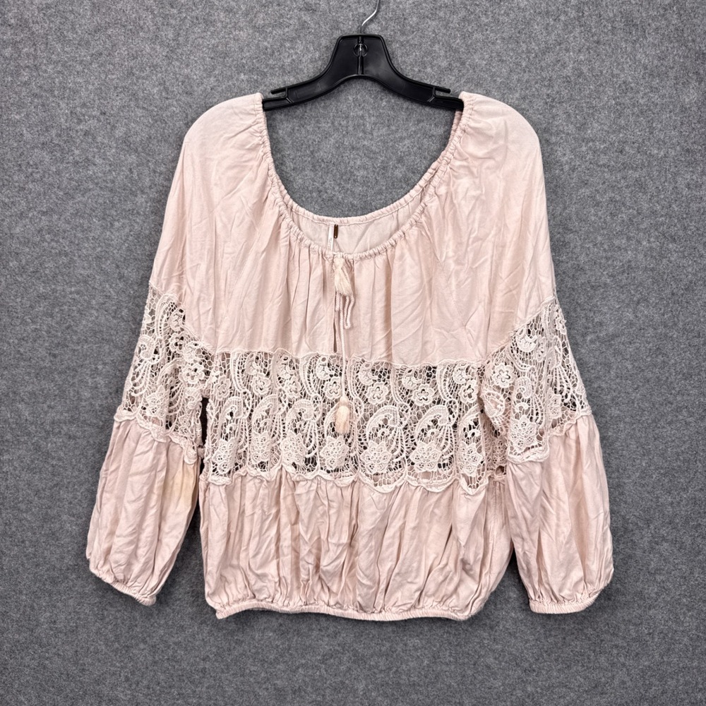 Free People Blush Pink Crochet Lace Peasant Blouse Tassel Tie Small